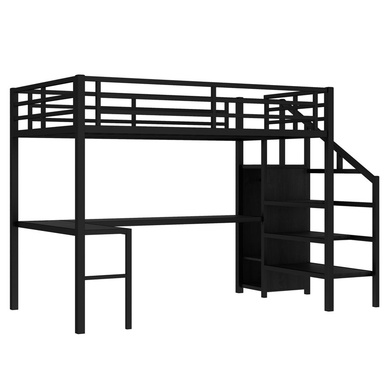 Loft Bed with L-shaped Desk and USB, Metal Loft Bed with Wardrobe and Adjustable Shelf, High Loft Bed with LED for Kids Teens Adults, Black