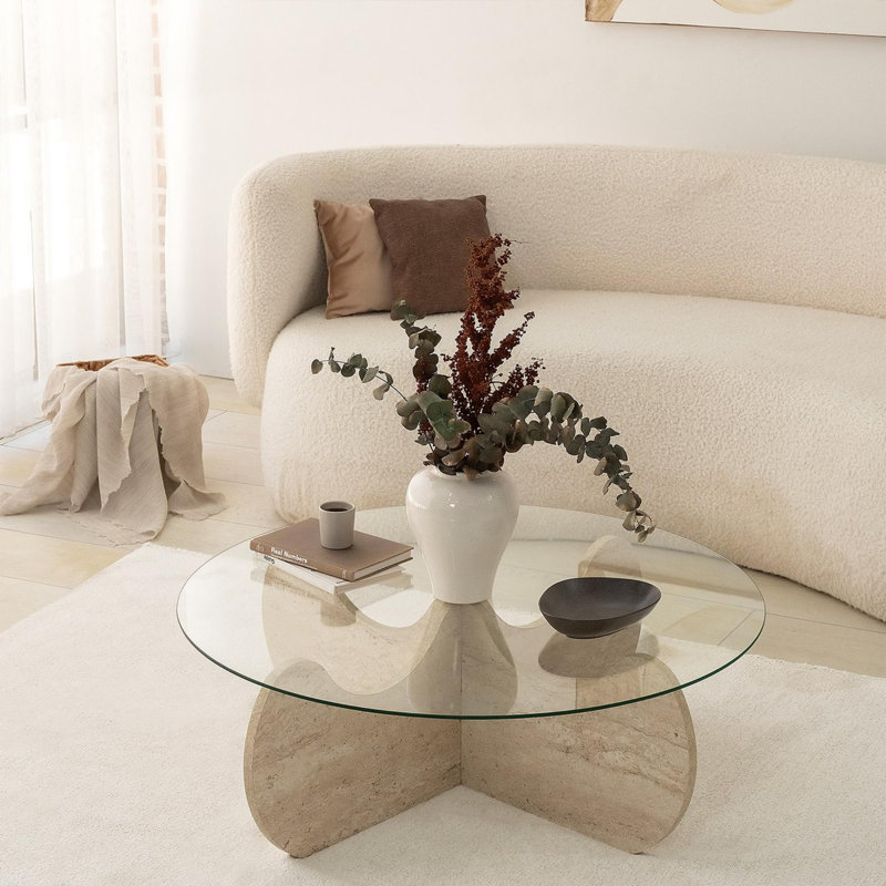 Modern Coffee Table with Travertine Finish, 35.4 in Diameter x 11.8 in Height | 100% Glass Top & 100% Melamine Coated Particle Board Base, Thickness: 0.7 in | Elegant Marble Design, Perfect for Living Room & Contemporary Spaces