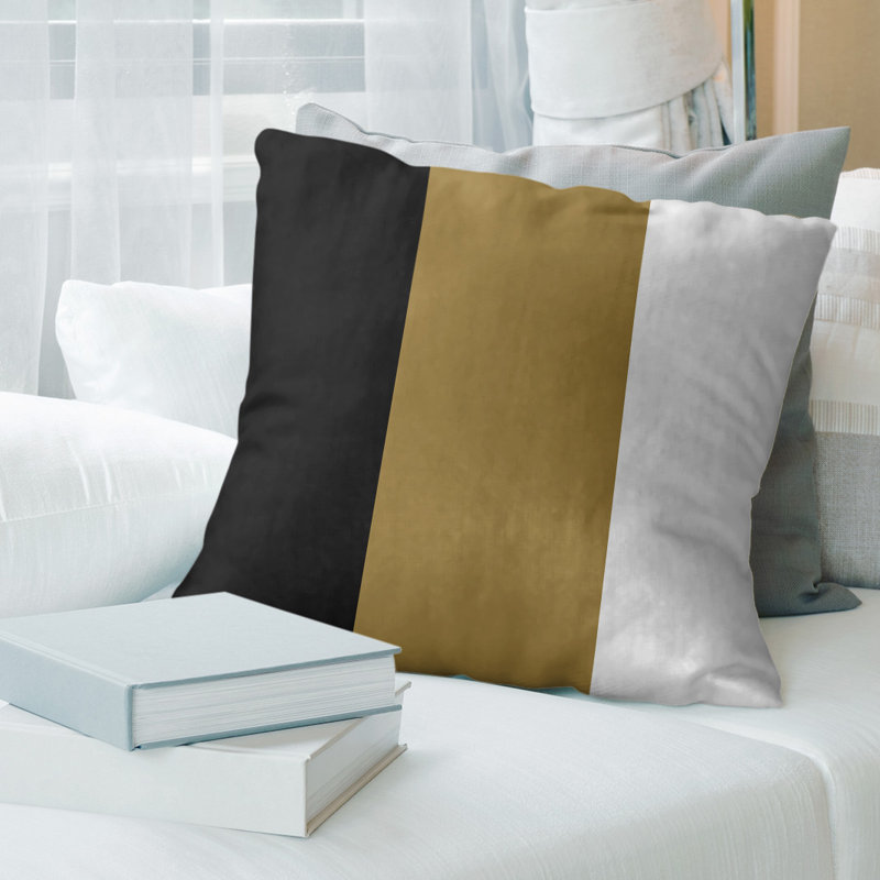 Leather/Suede Reversible Throw Pillow, 14" x 14", Black/Gold/White