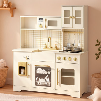 Cuisine en bois pour enfants avec machine à glaçons, cafetière et accessoires de cuisine