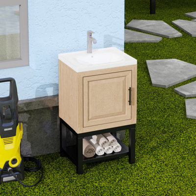 Ensemble de meuble-lavabo autoportant naturel de 20 po avec lavabo et robinet en céramique, 1 porte et tablette ouverte en fer (structure en fer oxydé)