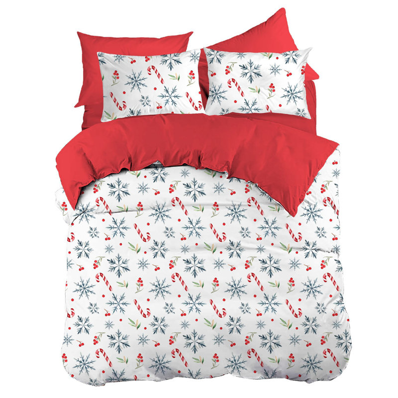 Christmas Themed Ranforce Quilt Cover Set, 100% Cotton, Duvet Cover 61 x 87, Pillowcase 31.5 x 31.5 | Pigment Printed, Machine Washable, 145 Thread Count | Festive Red, White, Green & Blue Colors, Envelope & Button Closure