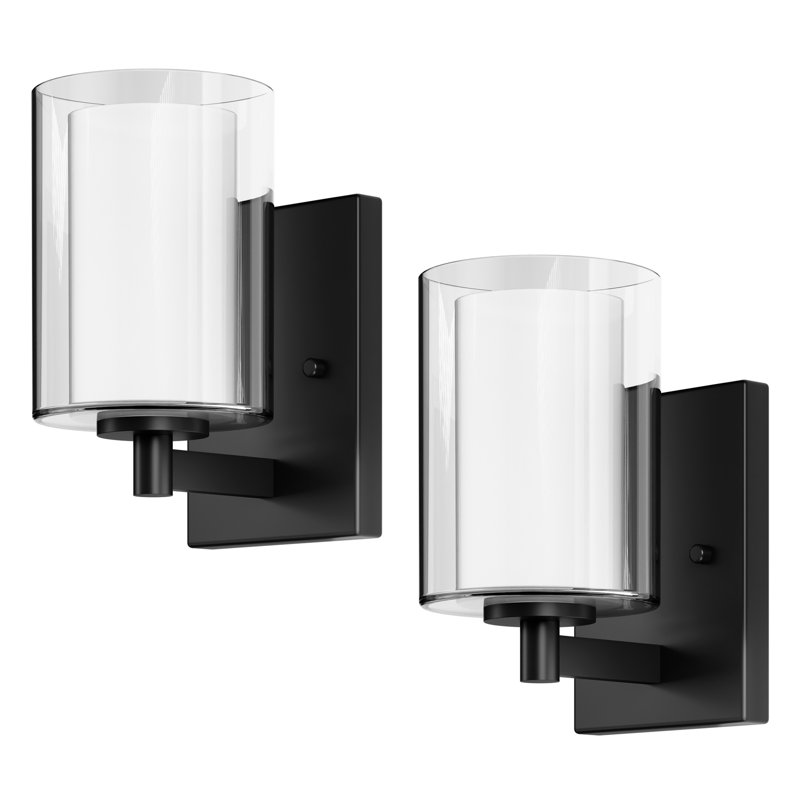Wall Sconces Set of 2 Modern Vanity Lights with Double Clear Glass Shade Matte Black Indoor Farmhouse Wall Lights for Bathroom Living Room Bedroom Hallway Bulb E26 Base (Bulbs Not Included)