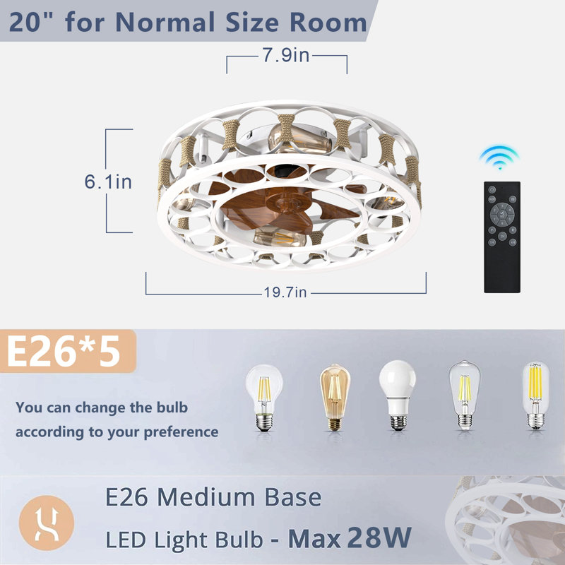 Caged Ceiling Fan With Lights Remote Control,Semi -Embedded Modern Ceiling Fans, 6 Speeds Reversible Blades, 4 Led Bulbs Include(White)