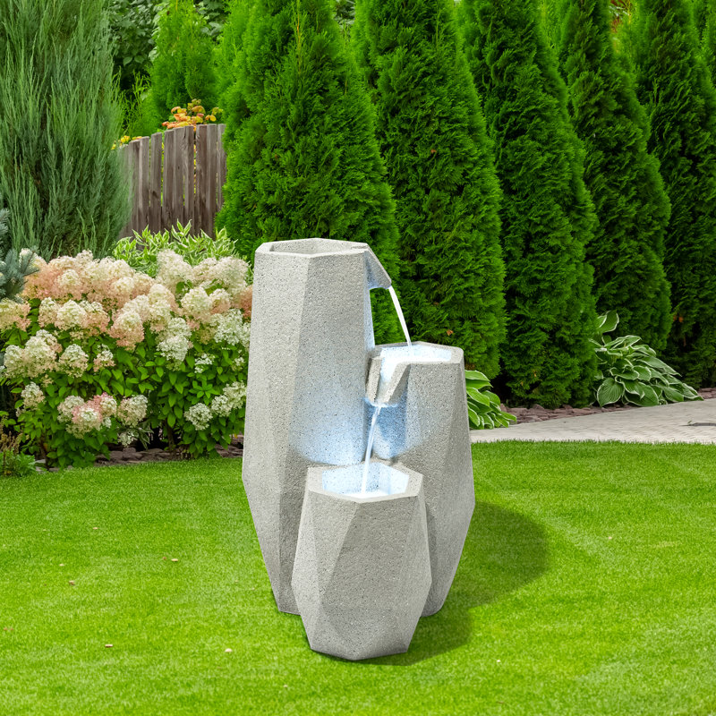 3-Tier Resin White Geometric Outdoor Weather Resistant Water Fountain with LED Lighting
