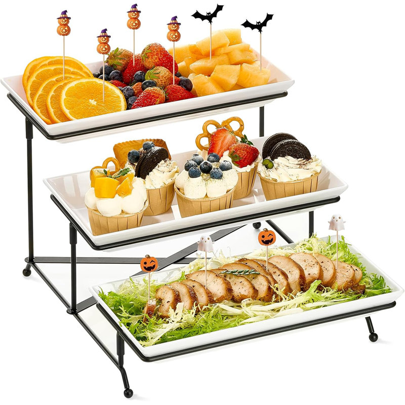 3 Tier Serving Tray Set,  Tiered Serving Trays Platters, Reusable Serving Tray For Party, Collapsible Sturdier Stand With Stable Cross Bars, Serving Platters For Veggie, Fruit, Dessert