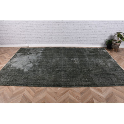 Grand tapis turc rétro en laine vert surteint parfait pour les espaces de salon ou de salon avec motifs Oushak et tribaux
