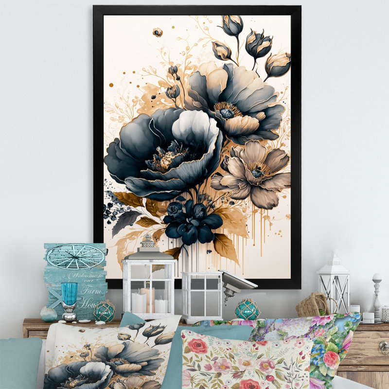 Fleurs de pavot bleu marine et or III - coquelicot, art mural, H 44 po x l 34 po x P 1,5 po, Cadre photo noir