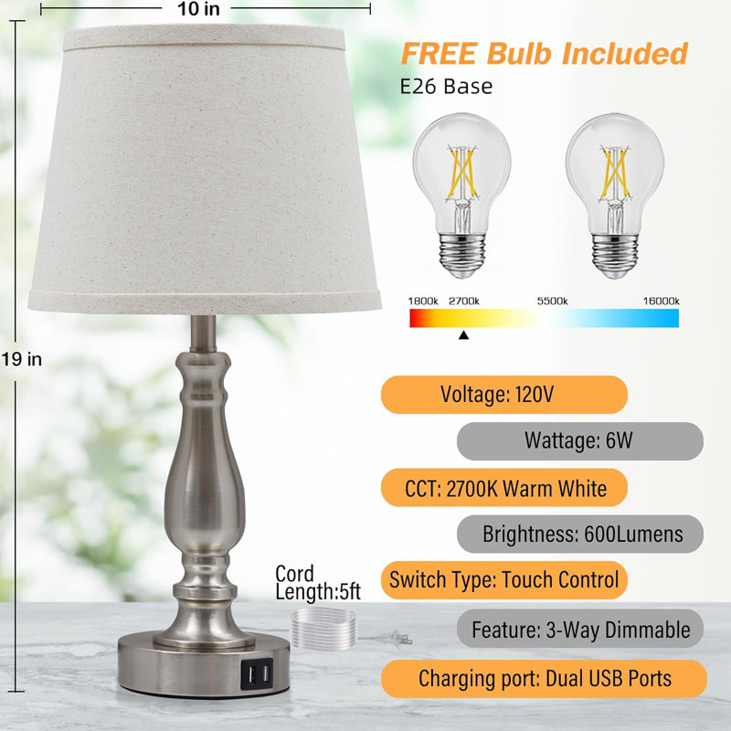 Set of 2 White Fabric Shade Nickel Touch Table Lamps
