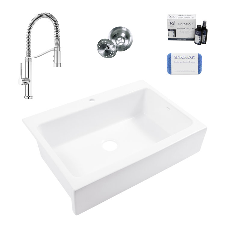 Parker Fireclay 34" Single Bowl Quick-Fit Farmhouse Apron Front Drop-in Kitchen Sink with Bruton Chrome Faucet Kit