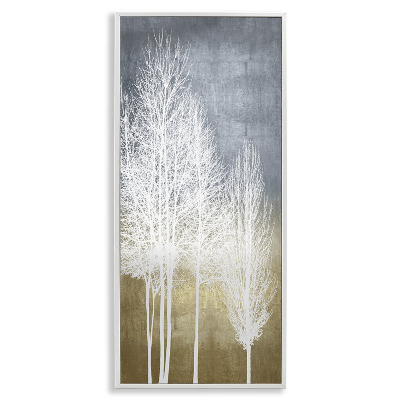 Tall White Tree Line Abstract Canvas Art with White Frame