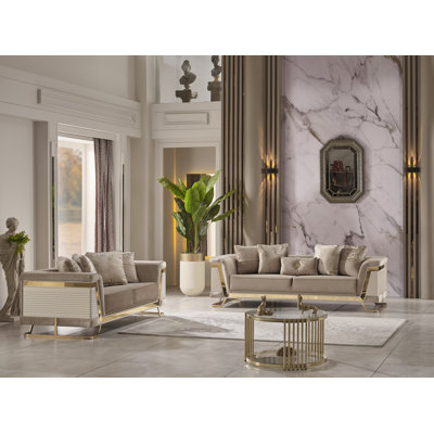 Taehyun 2-Piece Living Room Set – Elegant Beige Sofa and Loveseat with Gold Accents by Everly Quinn
