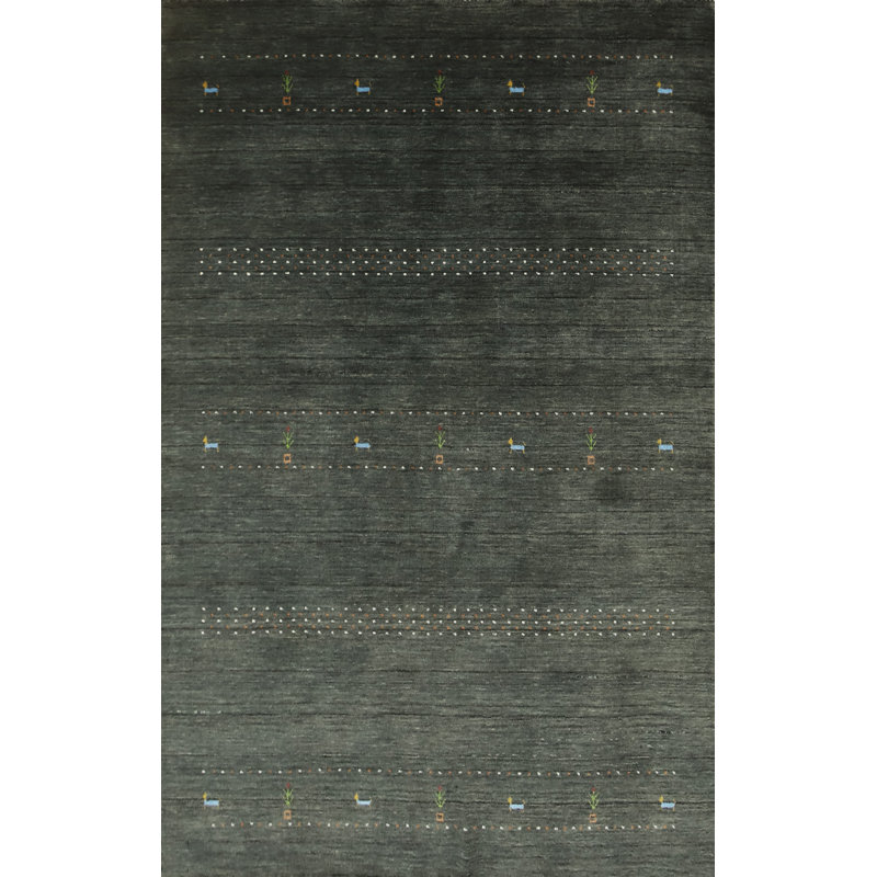 Élégant tapis fait à la main de style Gabbeh foncé 5 x 8 avec des détails d'animaux subtils
