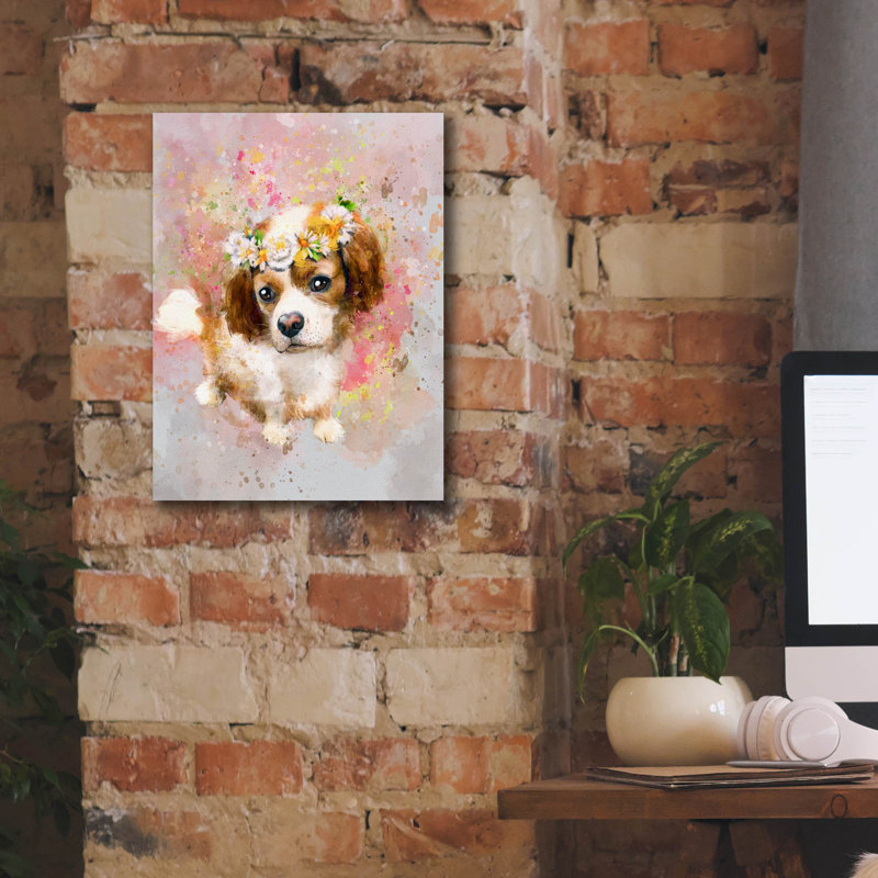 «Flower Crown Cavalier King Charles Spaniel» par Furbaby Affiliates, art mural sur toile, H 16 po x l 12 po x P 0,75 po