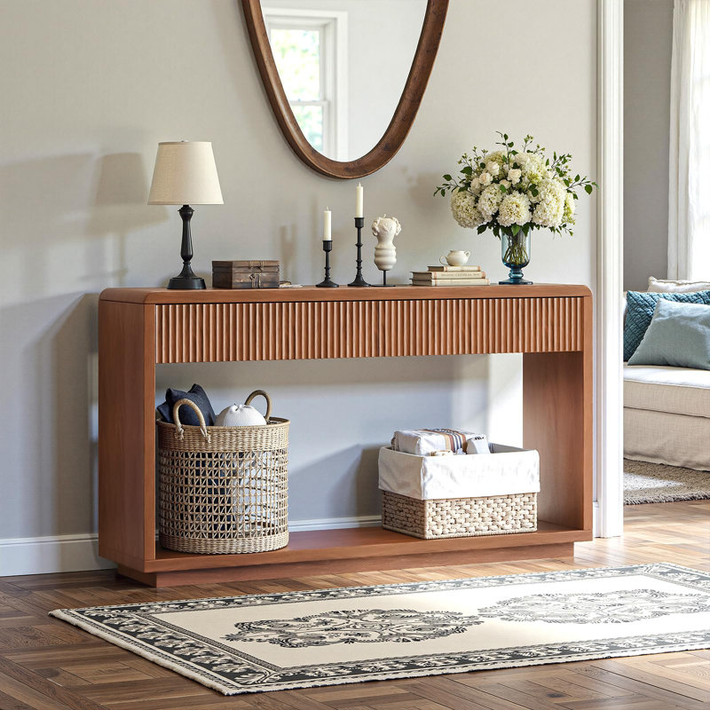 Table d'entrée 59 "avec tiroirs, console cannelée Boho, table de canapé avec rangement, Bois brun