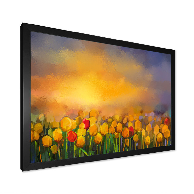 «Yellow Tulips Field On Mystic Sunrise», reproduction sur toile flottante, H 8 po x l 12 po x P 1 po, Cadre noir