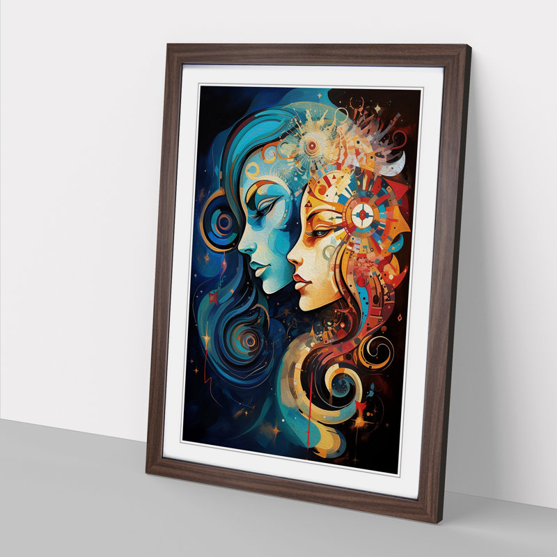 Gemini Zodiac Abstract - Single Picture Frame Print on Wood, 46cm H x 34cm W x 2cm D, Walnut