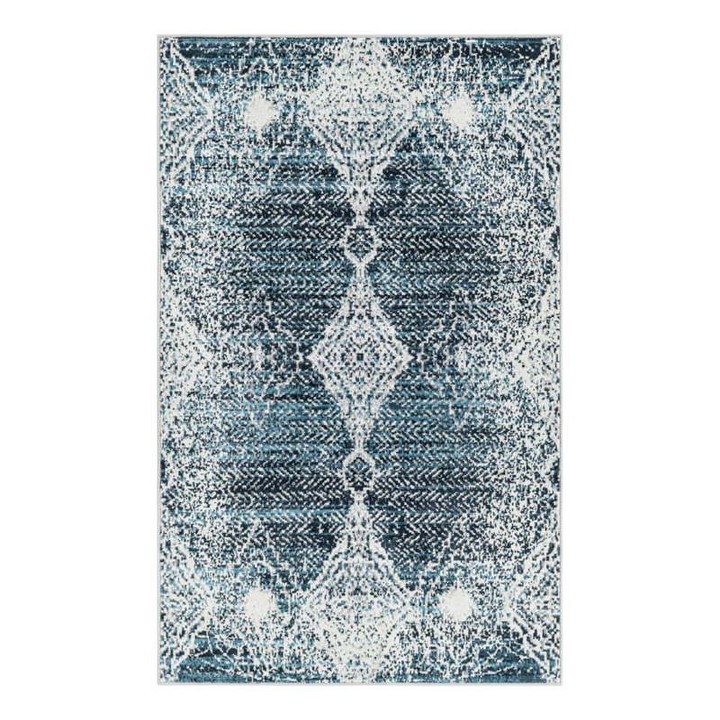 Tapis bleu marine / ivoire en polyester tissé à la machine Massie, Rectangle 3 pi 3 po x 5 pi 3 po
