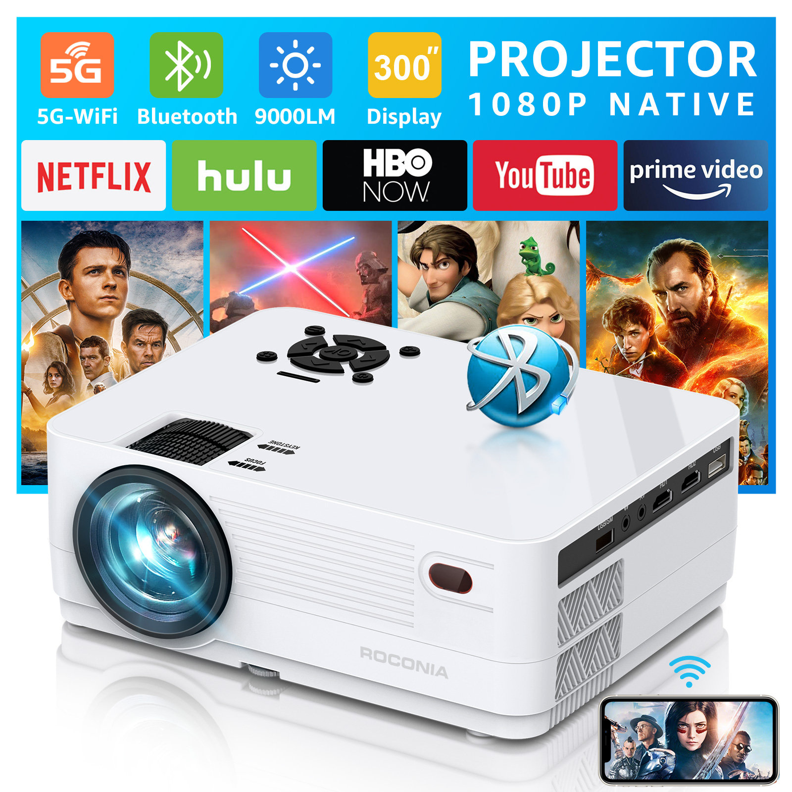  Projector with WiFi, 2023 Upgrade 9500L Outdoor Projector, Mini  Movie Projector Supports 1080P Synchronize Smartphone Screen by WiFi/USB  Cable for Home Entertainment : Electronics