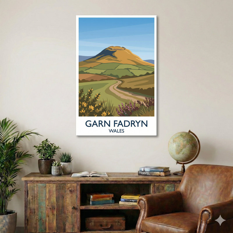 Garn Fadryn, Wales - Travel Poster Of Ancient Hillfort And Rolling Welsh Countryside. Giclee Print On Wrapped Canvas. Wall Art, Home Decor - Natural Landmarks, Wales - Wrapped Canvas Print