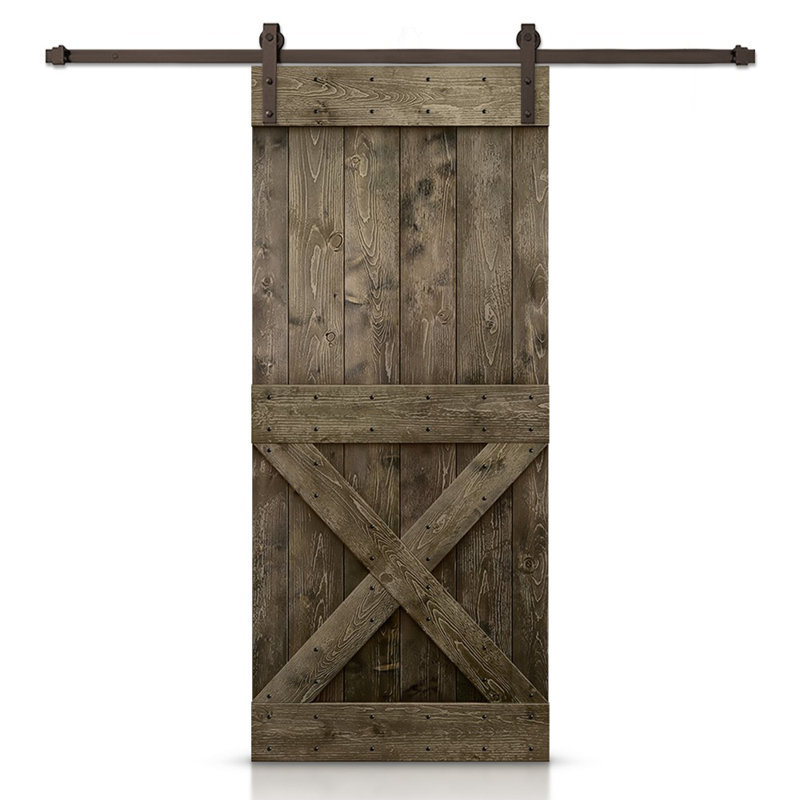 Porte de grange à panneaux et en bois avec quincaillerie d'installation, 28 po x 84 po, Espresso, Noir mat