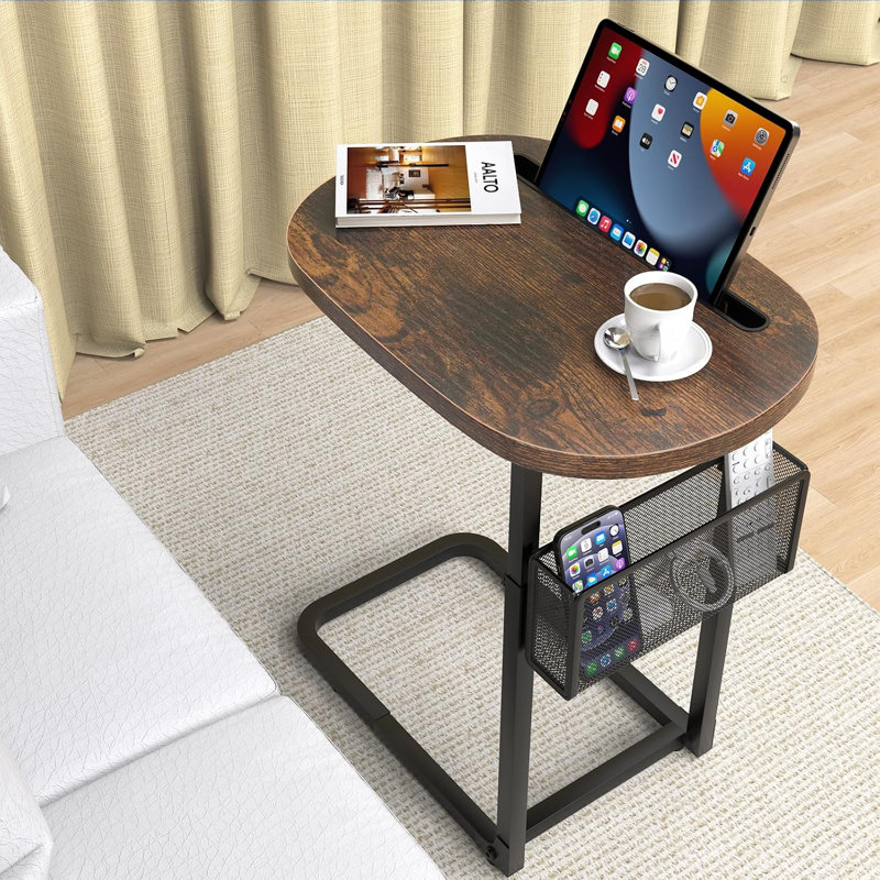 Table d'appoint télé tendance avec grand plateau, table de canapé ajustable avec paniers, Marron foncé