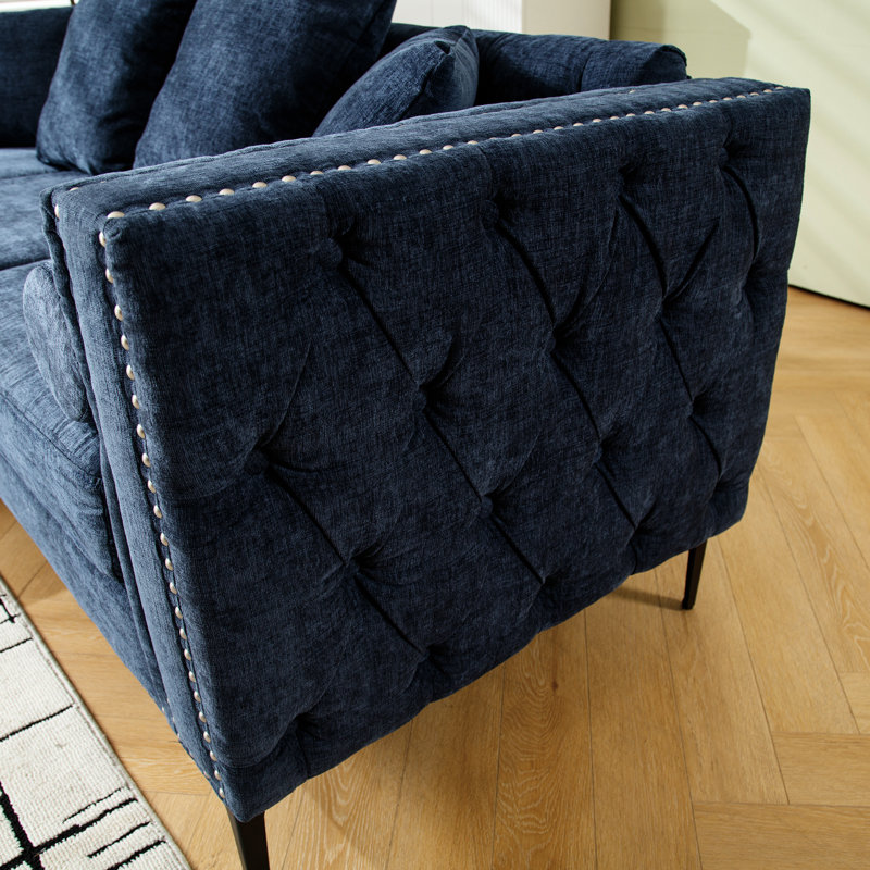 Canapé modulaire en L avec chenille, accoudoir carré, rangement en chenille bleu 3 places, Bleu