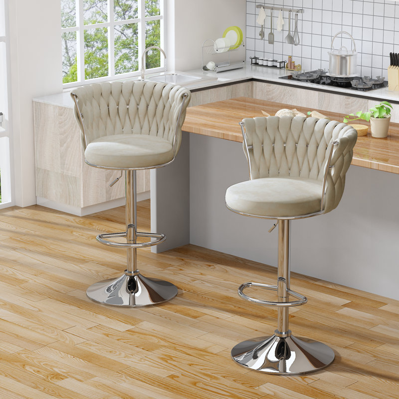 Bar Stools Set Of 2, Velvet Upholstered Bar Chairs With Black Metal Legs, Backs And Footrest Counter Height Bar Stools, Modern Bar Chair For Kitchen Island, Dining Room