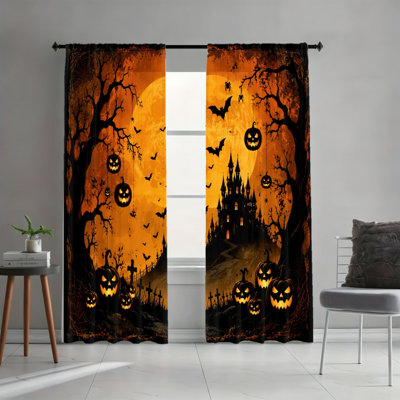 2PCS Spooky Haunted Castle Theme Light Filtering Curtains, Flying Bats and Jack-o'-lantern Motifs, Lively Halloween Party Decor, Rod Pocket Easy-Hang Design, All-Season for Living Room, Bedroom, Dormitory