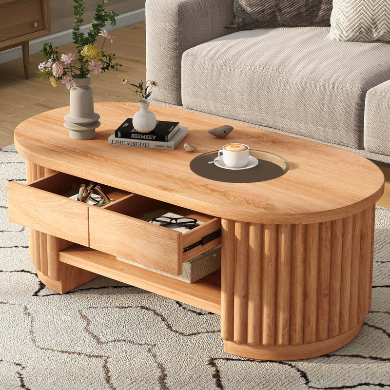 Table basse ovale cannelée avec plateau en verre et tiroirs pour le rangement de salon moderne, Marron clair