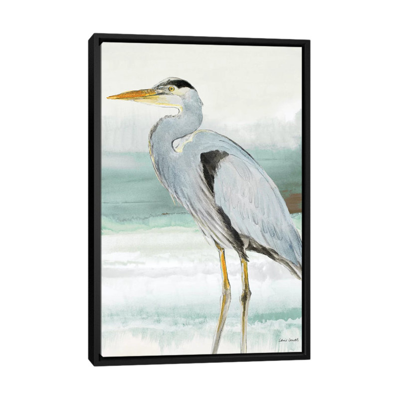 Reproduction d’art, "Heron on Seaglass I" par Lanie Loreth, H 40 po x l 26 po x P 1,5 po, Toile avec cadre noir, Pas de tapis