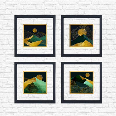 Élégantes peintures encadrées décoratives (4 pièces), cadre en bois, 12,6 po x 12,6 po chacune | Façade 100% verre (épaisseur: 0,12 pouce) | Impression numérique UV | Art mural parfait pour décorer un salon ou une chambre à coucher