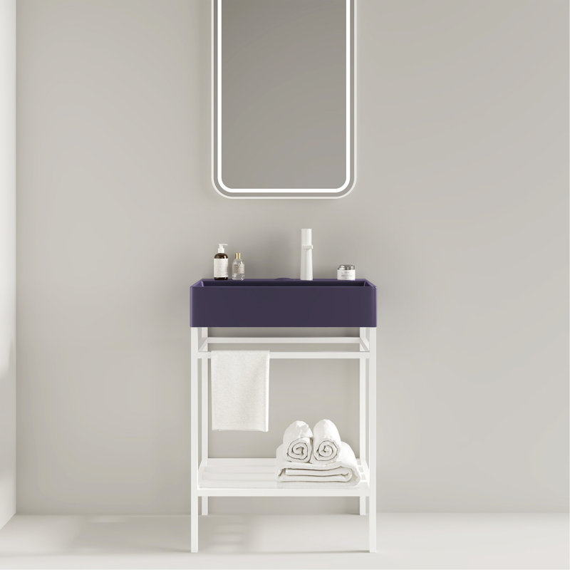 Meuble-lavabo 24 po avec lavabo en céramique et tablette de rangement en fer, Mauve, Blanc