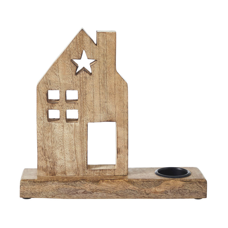 Festive Finds Tealight Holder Wooden Saltbox House w/ Star Natural, 10.25" H x 9" W x 2.5" D