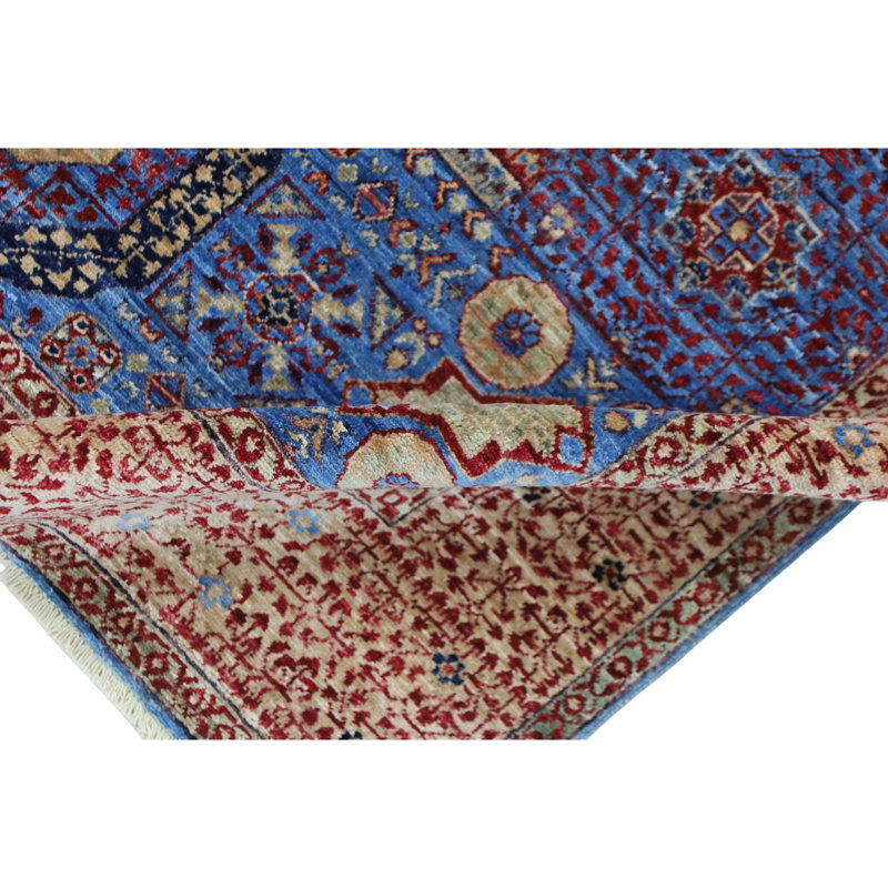 Hand Knotted Wool Area Rug in Blue And Beige, Rectangle 4'11" x 6'7"