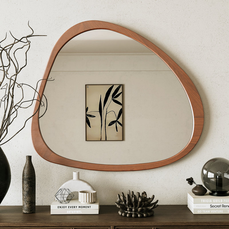 Miroir en bois massif 45 po Miroir mural asymétrique avec cadre en bois et miroir de grande taille