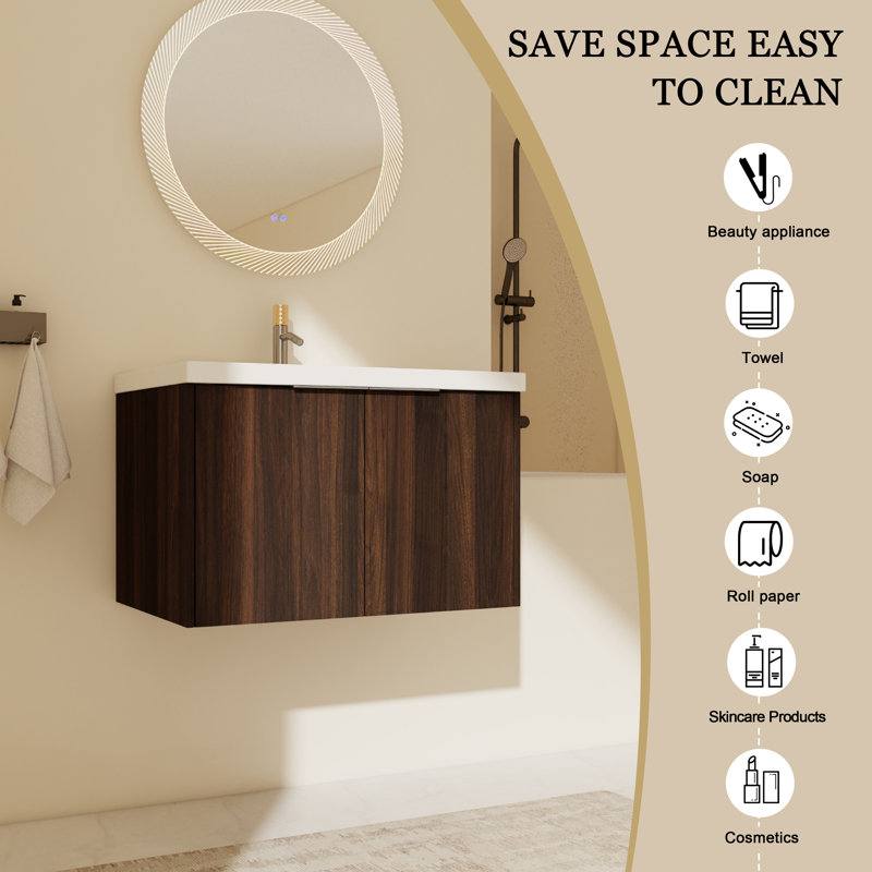 Ensemble de meuble-lavabo mural simple 29,53 po Derlin avec plateau en résine, Brun