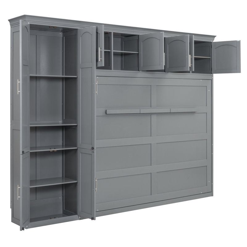 Grand lit escamotable mural avec armoires, Gris