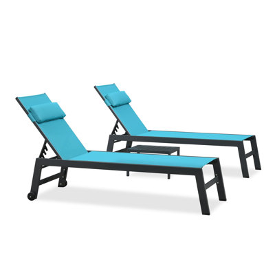 Outdoor Lounge Chair Set Aluminum Patio Chaise Lounger Set Of 3 With Wheel And Pillow by Latitude Run