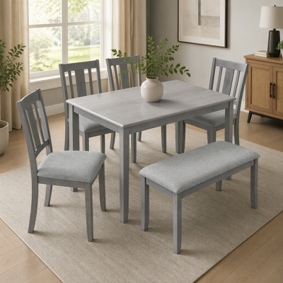 6 Piece Kitchen Dining Set, Rectangular Wooden Dining Table with 4 Upholstered Chairs and a Bench, Dining Table Set for 6 People, Living Room, Home Ba