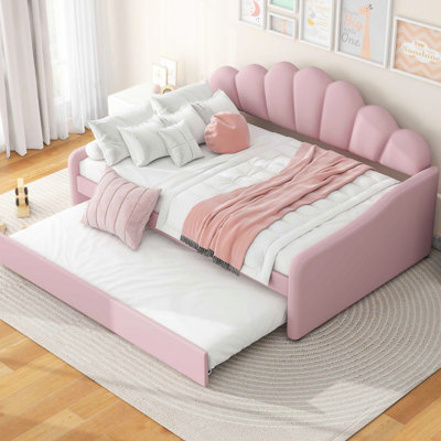 Lit de jour rembourré rose avec construction et lit gigogne escamotable - Lit double en velours confortable et confortable