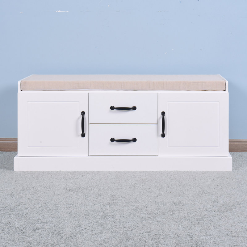 Velvet Upholstered Bench with Cabinet and Drawers