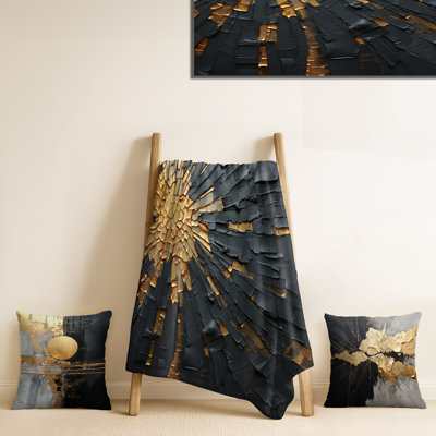 Black And Gold Abstract Meditation II - Abstract Painting Soft Throw Blanket And Pillow Set