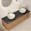 60" Floating Double Bathroom Vanity | Brown Oak Diagonal Wood Cabinet, Black Sintered Stone Top, 2 Stone-Pattern Ceramic Vessel Sinks, Soft-Close Doors