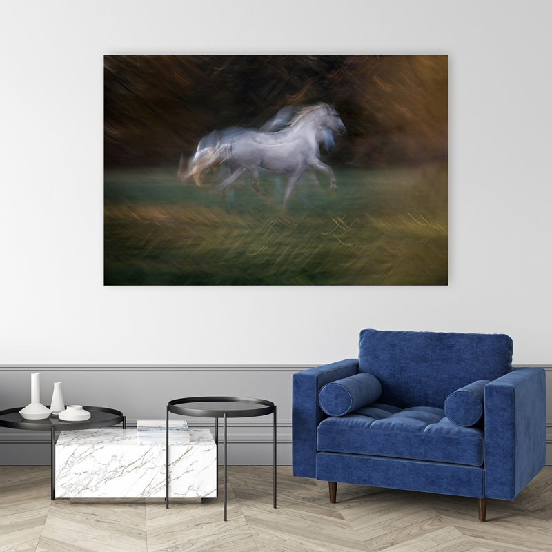 «Dreamy White Horse Motion Abstract Dreamy Elegant Horse Nature», art mural, 40" H x 60" W