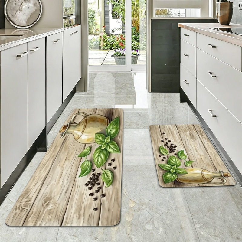 French Basil Olive Oil Black Pepper Wood Plank Home Decor Kitchen Floor Rugs 2 Pack