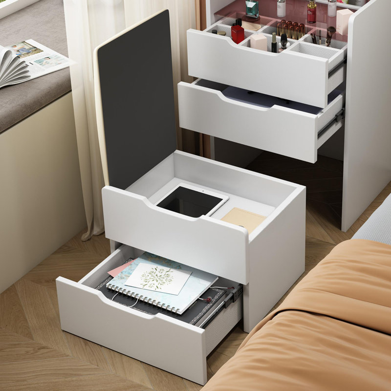 (60CM) Meuble-lavabo 3 en 1 avec miroir à plateau rabattable, petit ensemble de coiffeuse avec bureau en verre visible, meuble-lavabo compact avec 3 tiroirs, outil rembourré, coiffeuse pour la chambre à coucher (retour à l'école)