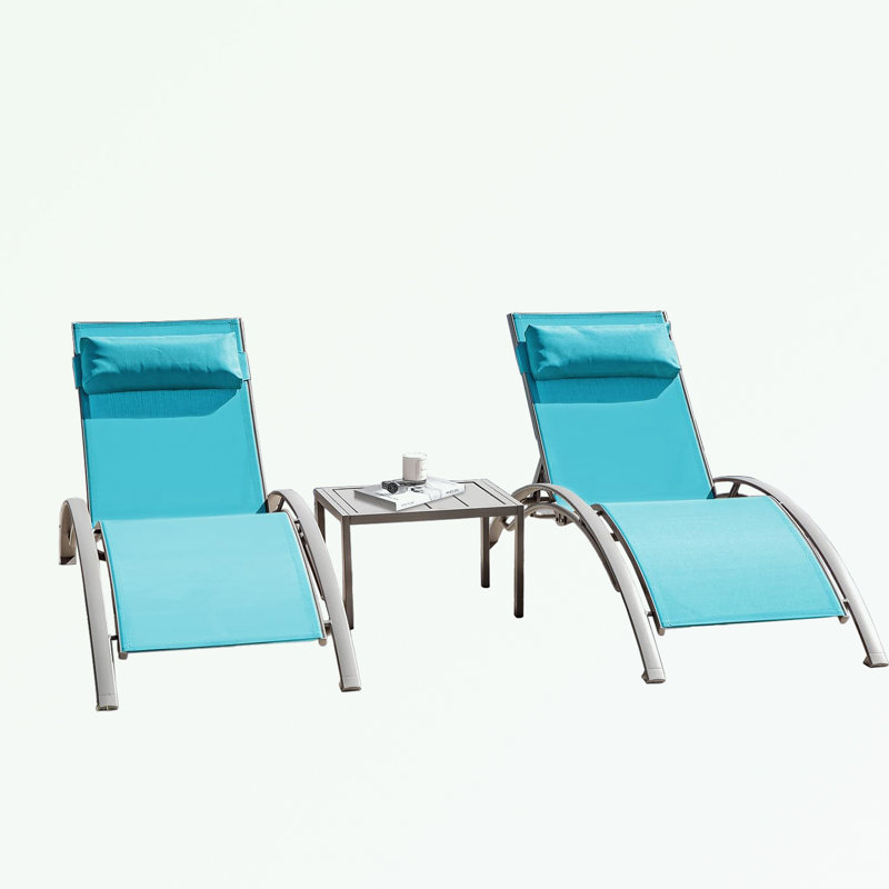 Ensemble de 3 chaises longues de piscine avec table, Bleu lac