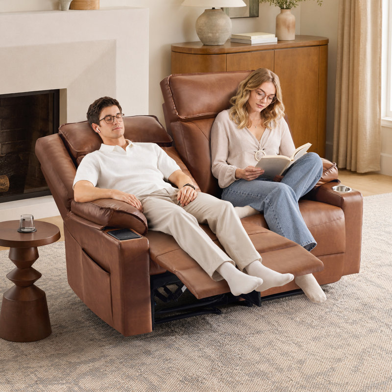 Ensemble de causeuse modulaire inclinable manuelle avec porte-gobelet à chargement sans fil intelligent, fauteuil coulissant en cuir végétalien Gravity, brun
