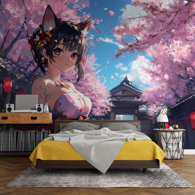 Stickalz Anime Girl And Cherry Blossom Wall Mural – Vibrant Springtime Japanese Street Scene, Perfect For Anime Fans, Kids’ Rooms, And Creative Spaces